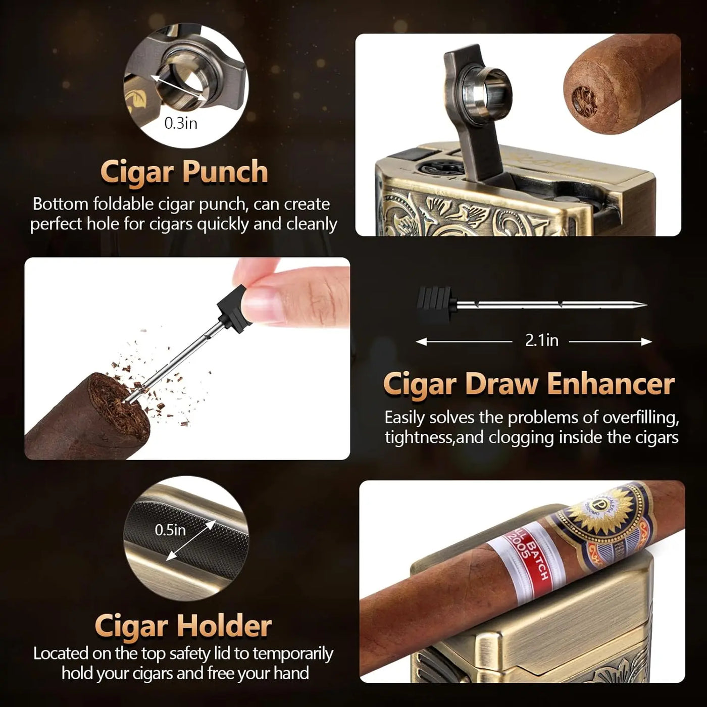 Cigar Lighter 4 Jet Flame,Refillable Butane Lighter with Cigar Cutter V Cut Cigar Punch Cigar Holder Cigar Draw Enhancer