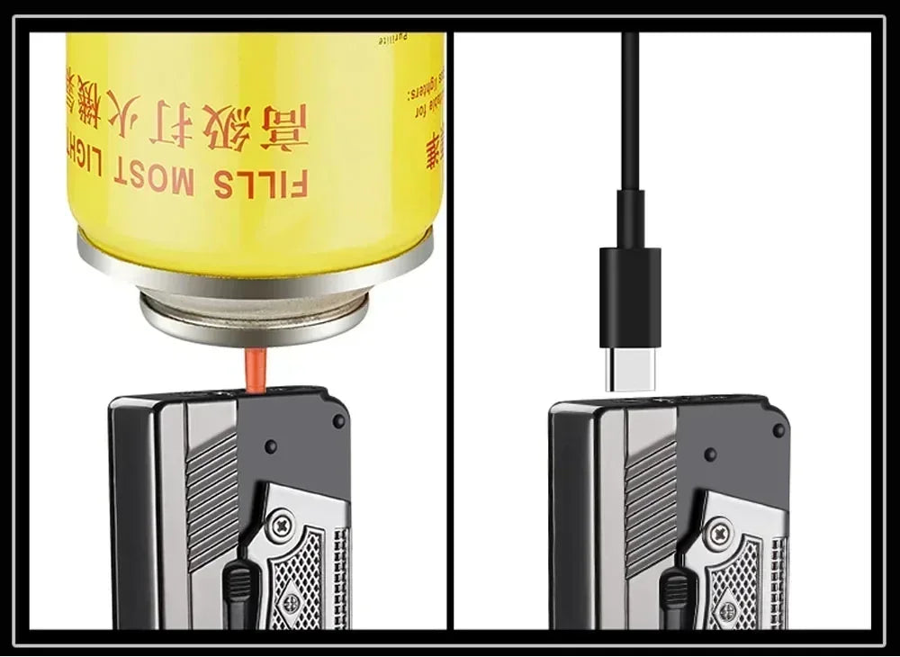 New Gas- Electric Dual Flame Gun Lighter USB Rechargeable Plasma Lighter Foldable Pistol Shaped Torch Lighter Men Smoking Tool