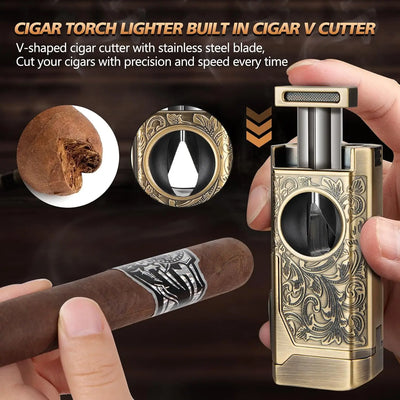 Cigar Lighter 4 Jet Flame,Refillable Butane Lighter with Cigar Cutter V Cut Cigar Punch Cigar Holder Cigar Draw Enhancer