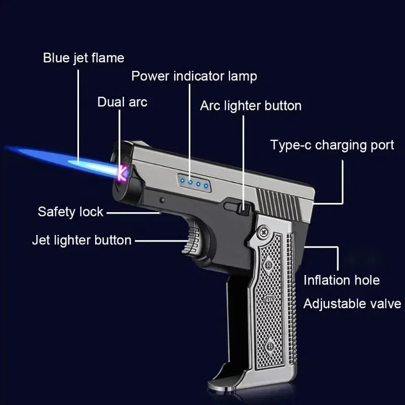 New Gas- Electric Dual Flame Gun Lighter USB Rechargeable Plasma Lighter Foldable Pistol Shaped Torch Lighter Men Smoking Tool