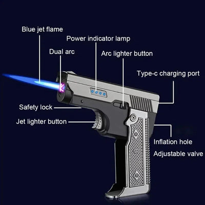New Gas- Electric Dual Flame Gun Lighter USB Rechargeable Plasma Lighter Foldable Pistol Shaped Torch Lighter Men Smoking Tool