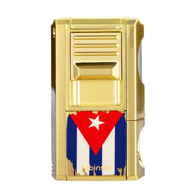 LUBINSKI Metal Cigar Lighter With V Cutter Cigar Punch Portable Gas 1 Torch Lighters Support Cigar Stand Cover