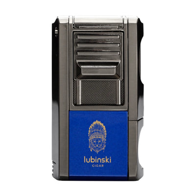 LUBINSKI Metal Cigar Lighter With V Cutter Cigar Punch Portable Gas 1 Torch Lighters Support Cigar Stand Cover