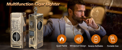 Cigar Lighter 4 Jet Flame,Refillable Butane Lighter with Cigar Cutter V Cut Cigar Punch Cigar Holder Cigar Draw Enhancer