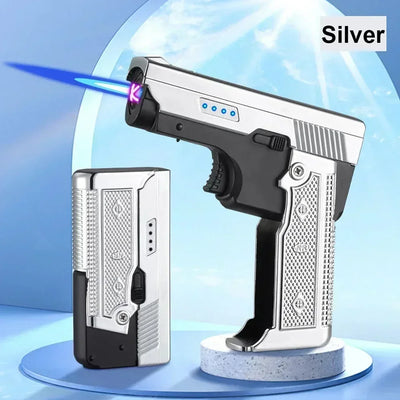 New Gas- Electric Dual Flame Gun Lighter USB Rechargeable Plasma Lighter Foldable Pistol Shaped Torch Lighter Men Smoking Tool