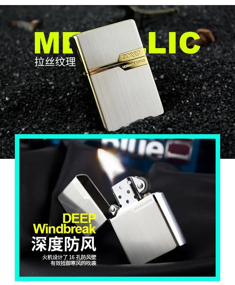 Zorro Original Copper Light Plate Gold Brushed Pure Copper Lighter Windproof Kerosene Lighter Narrow Machine Men's Cool Lighter