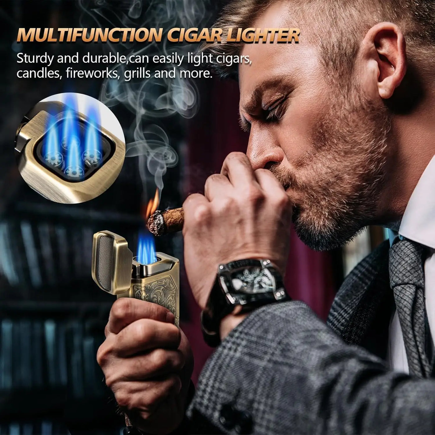 Cigar Lighter 4 Jet Flame,Refillable Butane Lighter with Cigar Cutter V Cut Cigar Punch Cigar Holder Cigar Draw Enhancer