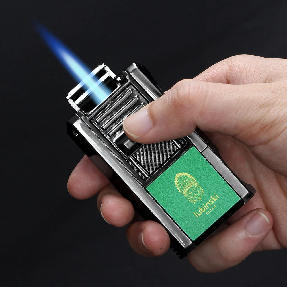 LUBINSKI Metal Cigar Lighter With V Cutter Cigar Punch Portable Gas 1 Torch Lighters Support Cigar Stand Cover