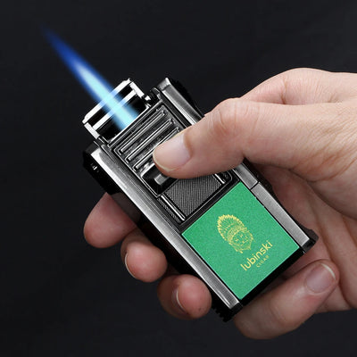 LUBINSKI Metal Cigar Lighter With V Cutter Cigar Punch Portable Gas 1 Torch Lighters Support Cigar Stand Cover