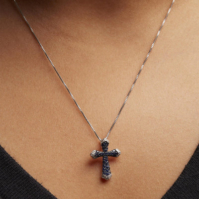 .925 Sterling Silver 3/4 Cttw Created Blue Sapphire and White Diamond Accent Cross Pendant Necklace - 18" Inches