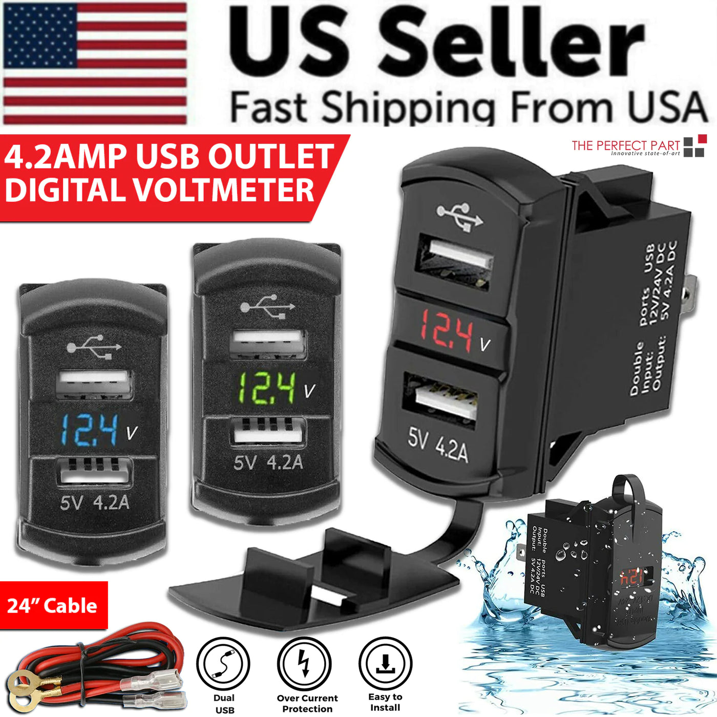 12V Dual USB Charger Socket LED Voltage Voltmeter Rocker Switch Panel Car Boat