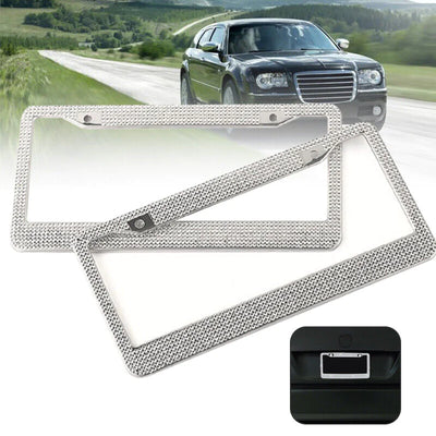 2PCS Bling License Plate Frame Glitter Crystal Sparkling Rhinestone Diamond Caps