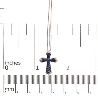 .925 Sterling Silver 3/4 Cttw Created Blue Sapphire and White Diamond Accent Cross Pendant Necklace - 18" Inches