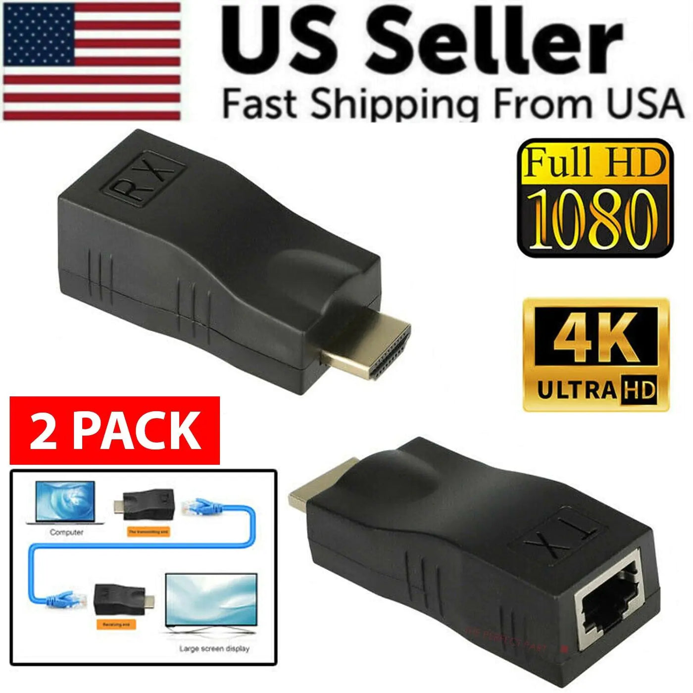 4K 1080P HDMI Extender to RJ45 Over Cat 5e/6 Network LAN Ethernet Adapter 2PCS