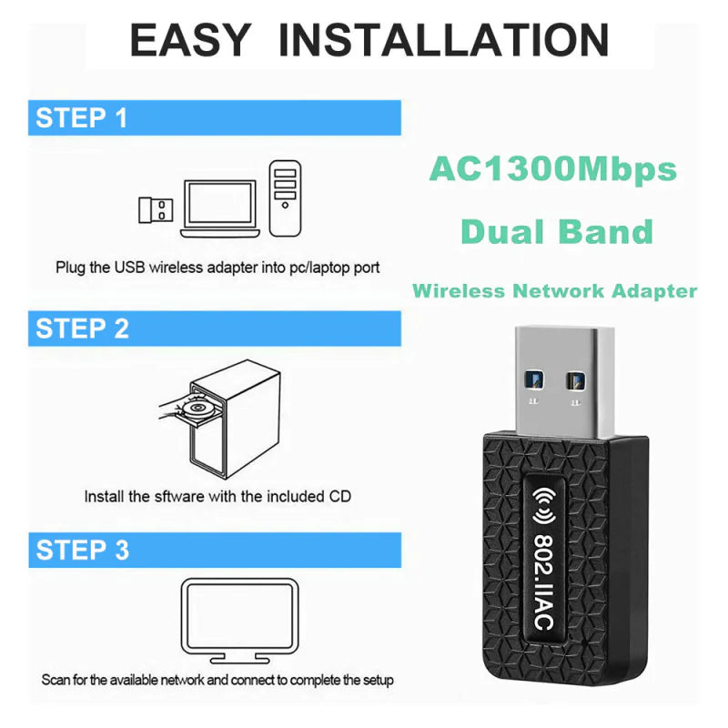 1300Mbps USB3.0 Wireless WiFi Adapter Dongle Dual Band 5G/2.4G Desktop Laptop PC