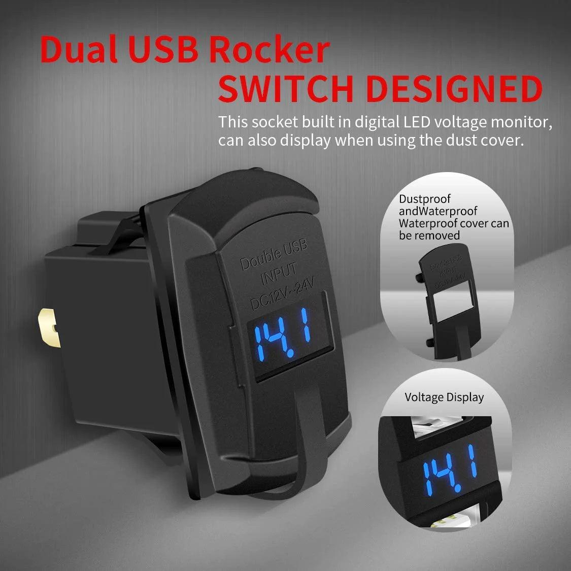 12V Dual USB Charger Socket LED Voltage Voltmeter Rocker Switch Panel Car Boat